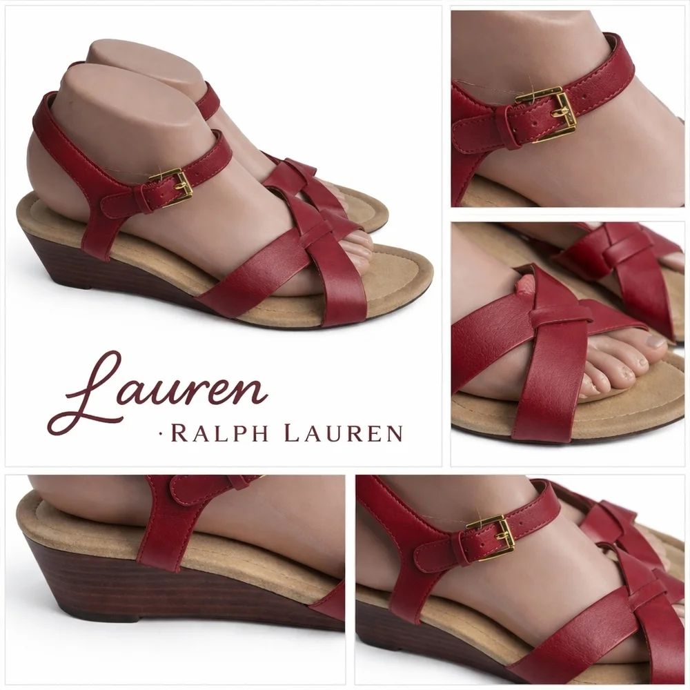 Lauren Ralph Lauren Criss Cross Leeather Wedge Sandals 10
